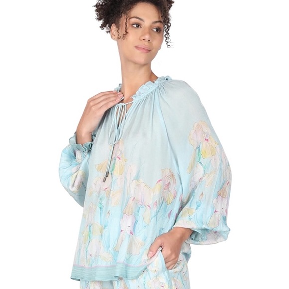NWT Anthropologie Blank Ice Blue Floral Long Sleeve Chiffon Blouse XS Reg. $143 - Picture 2 of 12